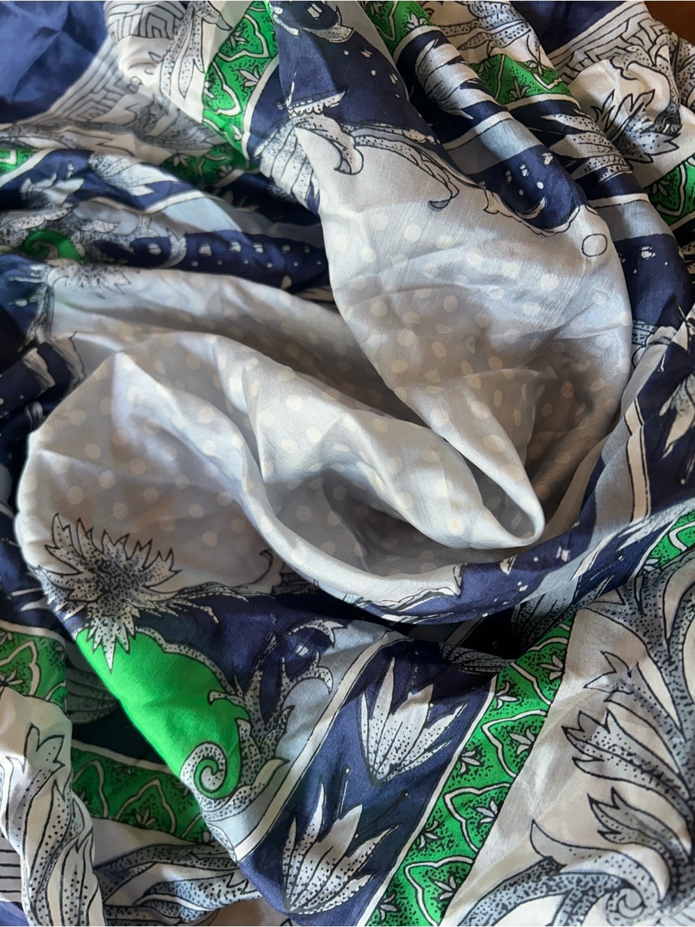 Green Navy and White Floral Silk Scarf 26“ x 26“ probably silk